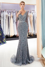 Grey Long Mermaid V-neck Tulle Evening Dresses with Sleeves