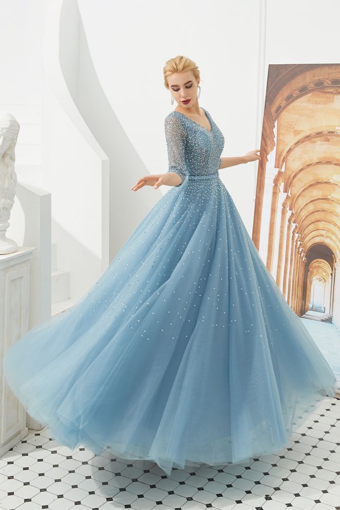 Half Sleeve Aline Tulle Evening Maxi Gown Beads V-Neck Prom Dress
