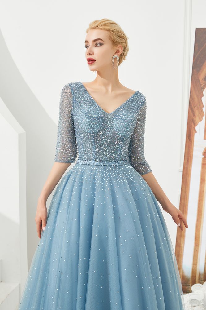Half Sleeve Aline Tulle Evening Maxi Gown Beads V-Neck Prom Dress