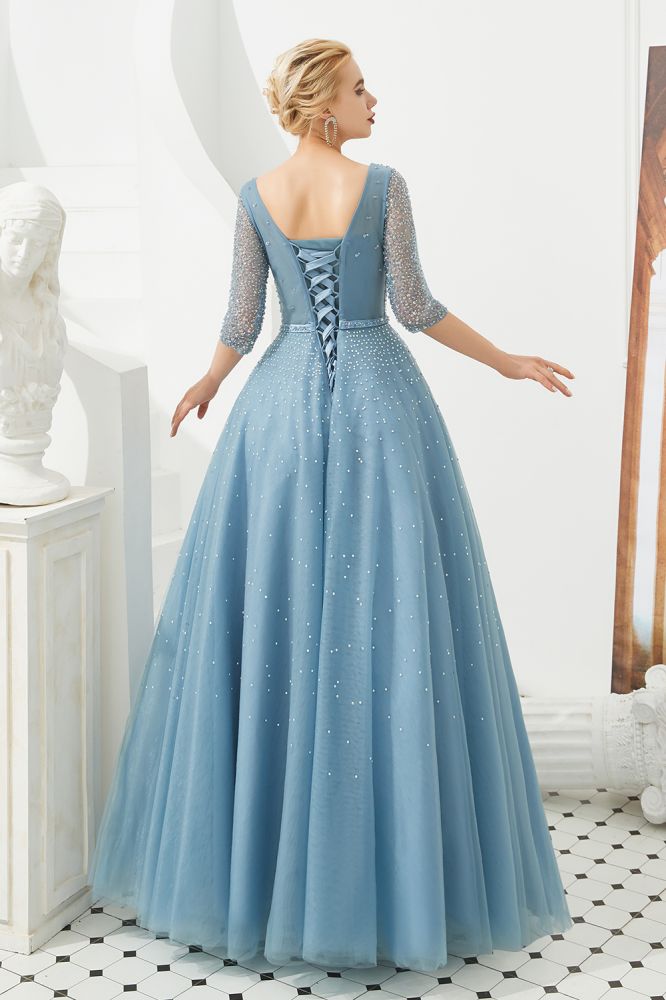 Half Sleeve Aline Tulle Evening Maxi Gown Beads V-Neck Prom Dress