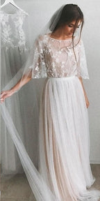 Half Sleeve Wedding Dresses A-line  Elegant Simple Romantic Lace Bridal Gown