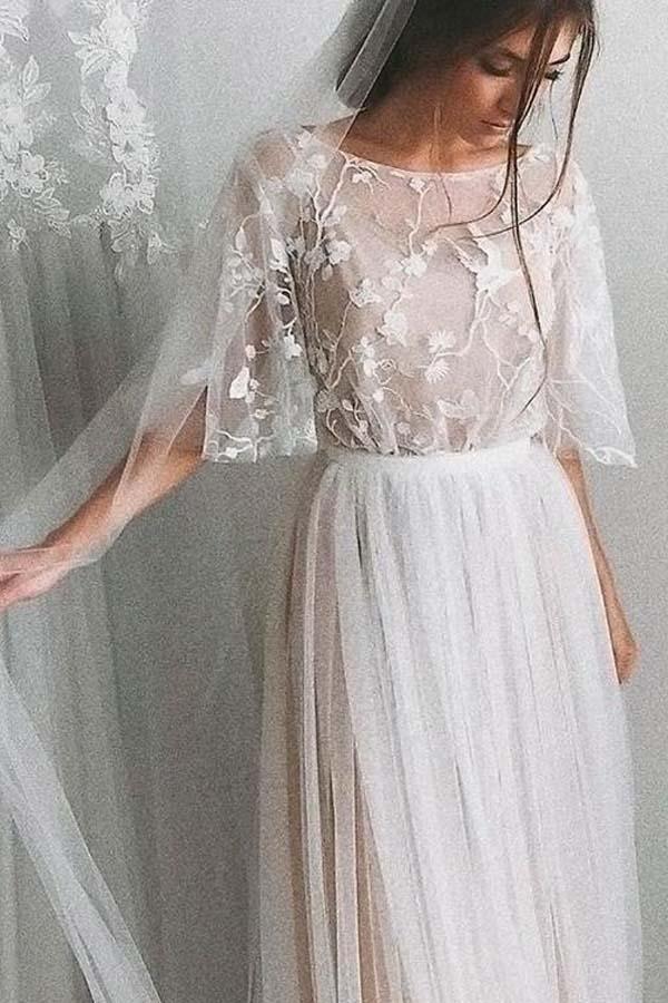 Half Sleeve Wedding Dresses A-line  Elegant Simple Romantic Lace Bridal Gown