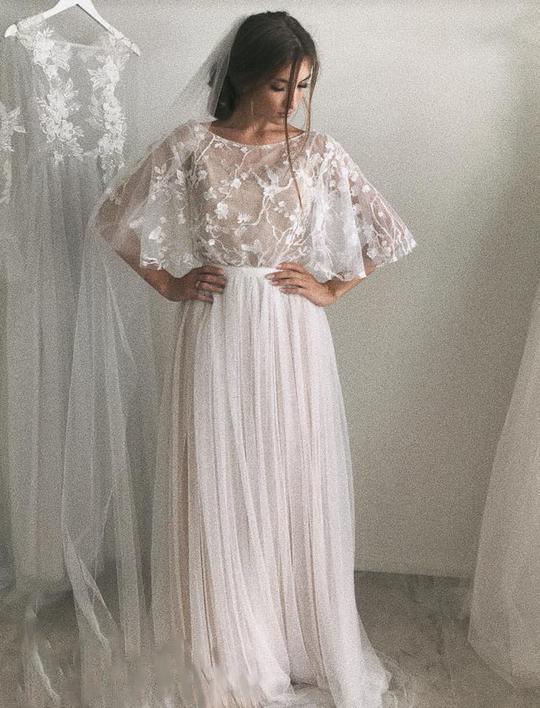 Half Sleeve Wedding Dresses A-line  Elegant Simple Romantic Lace Bridal Gown