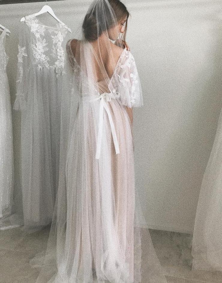 Half Sleeve Wedding Dresses A-line  Elegant Simple Romantic Lace Bridal Gown