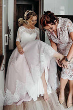 Half Sleeves Pink Backless Lace Up Floor Length Wedding Dress