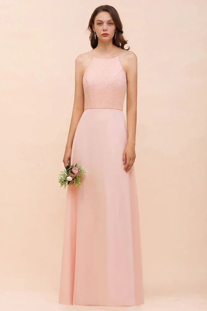 Halter Bridesmaid Dress Pink Floor Length Formal Event Dress
