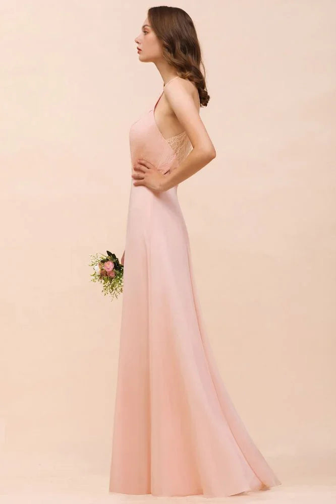 Halter Bridesmaid Dress Pink Floor Length Formal Event Dress