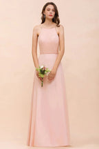 Halter Bridesmaid Dress Pink Floor Length Formal Event Dress