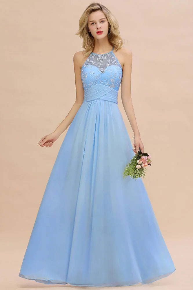 Halter Floral lace aline Chiffon Bridesmaid Dress Sleeveless Ruffle Wedding Guest Dress