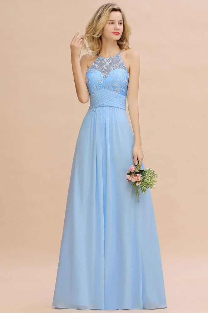 Halter Floral lace aline Chiffon Bridesmaid Dress Sleeveless Ruffle Wedding Guest Dress