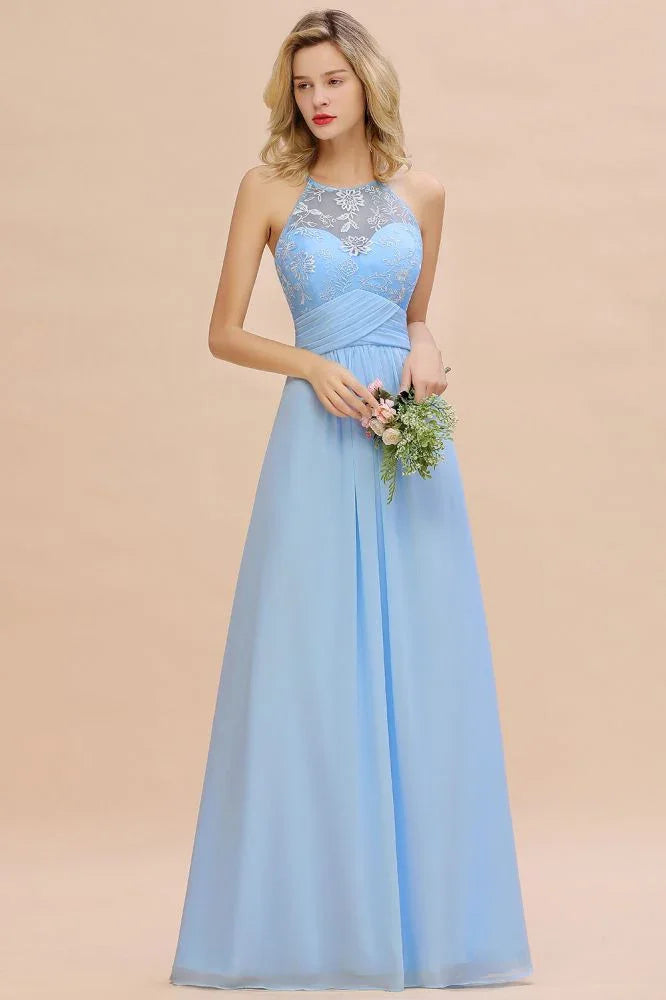 Halter Floral lace aline Chiffon Bridesmaid Dress Sleeveless Ruffle Wedding Guest Dress