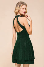 Halter Knee Length Homecoming Dress Sleeveless Dark Green Bright Silk Evening Dress