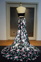 Halter Long Mermaid Two-piece Lace Top Print Flowers Prom Dresses