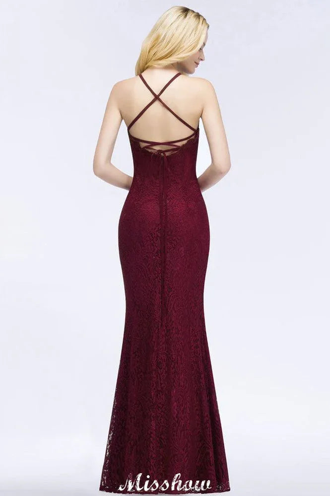 Halter Mermaid Evening Dress Floor Length Lace Burgundy Bridesmaid Dresses