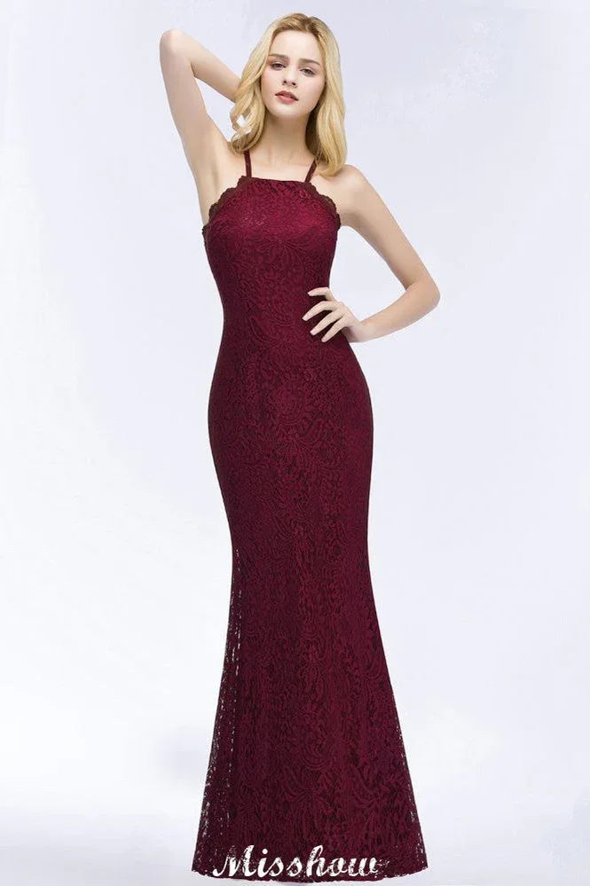Halter Mermaid Evening Dress Floor Length Lace Burgundy Bridesmaid Dresses