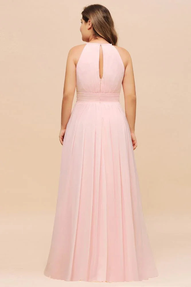 Halter Pink Bridesmaid Dress Plus Size Chiffon Wedding party Dress for Girls