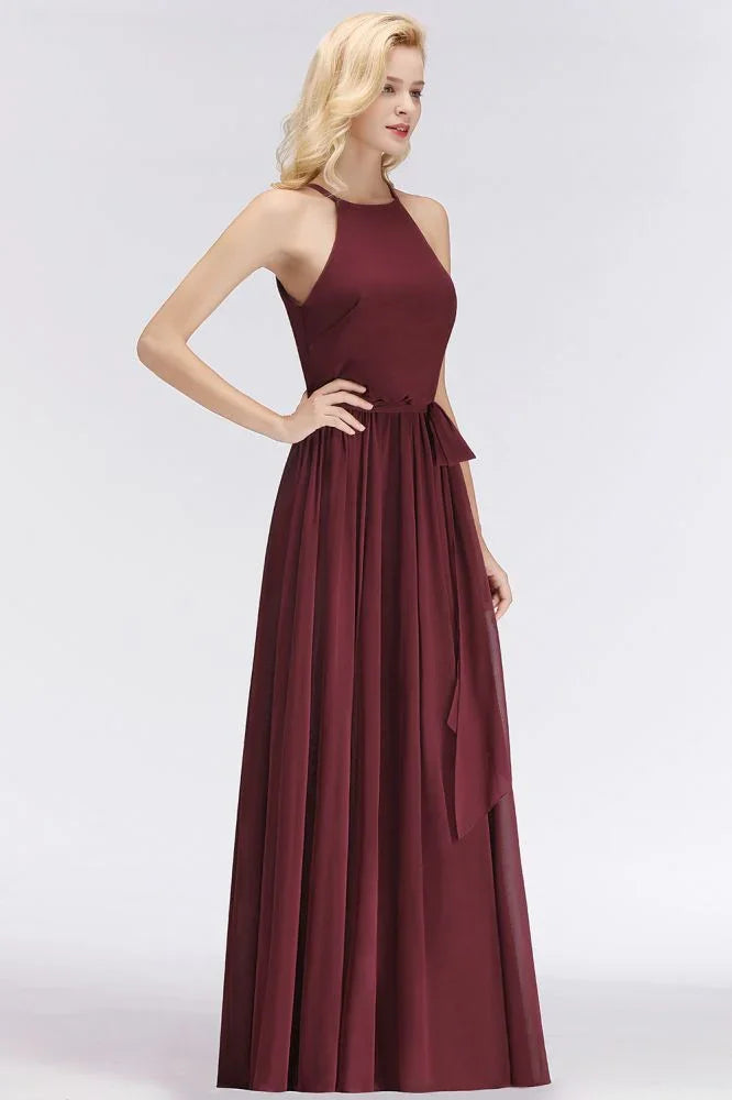 Halter Sleeveless A-line Burgundy Ruffles Chiffon Bridesmaid Dresses