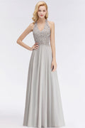 Halter Sleeveless Floral Appliques Evening Party Dress Aline Floor Length Bridesmaid Dress