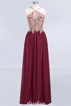 Halter Spaghetti Gold Appliques Swing Dress Sleeveless Tulle Chiffon Evening Maxi Dress