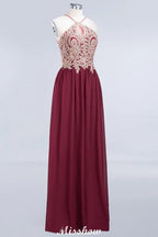 Halter Spaghetti Gold Appliques Swing Dress Sleeveless Tulle Chiffon Evening Maxi Dress