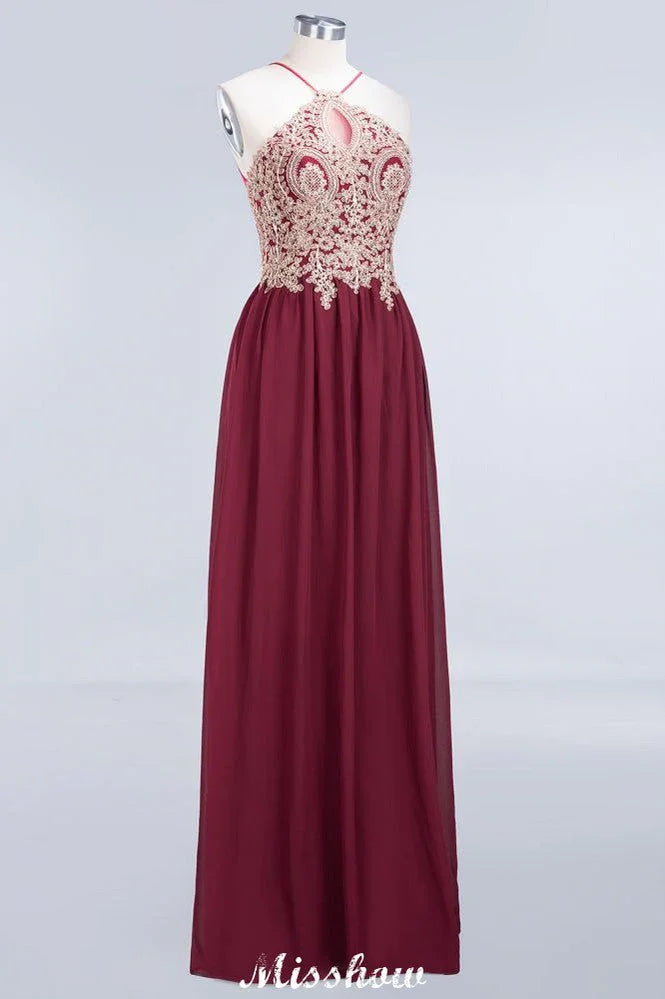 Halter Spaghetti Gold Appliques Swing Dress Sleeveless Tulle Chiffon Evening Maxi Dress