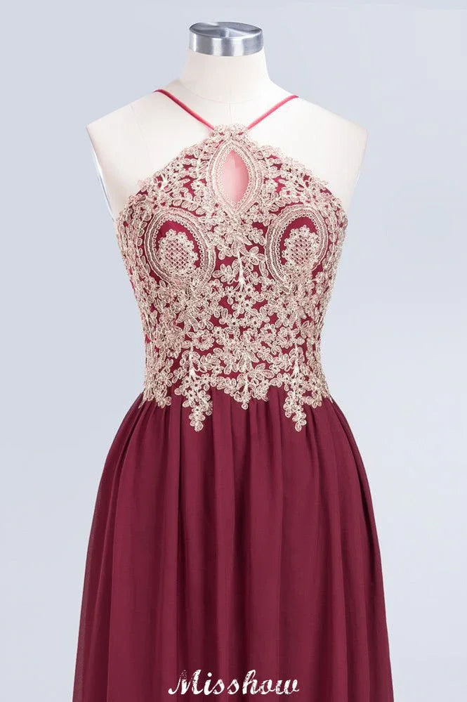 Halter Spaghetti Gold Appliques Swing Dress Sleeveless Tulle Chiffon Evening Maxi Dress