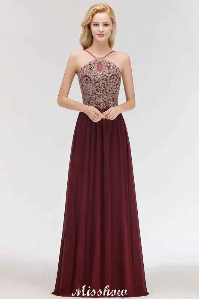 Halter Spaghetti Gold Appliques Swing Dress Sleeveless Tulle Chiffon Evening Maxi Dress