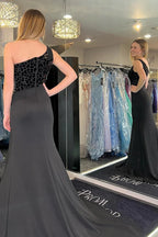 Harlow | Light Blue Cut Glass Mirror One-Shoulder Trumpet Long Formal Dress with Slit