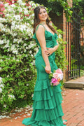 Hartlyn | Tie Shoulder Red Mermaid Ruffle Tiered Long Prom Dress with Slit