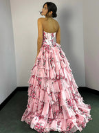 Haruko | A-Line Blush Strapless Chiffon Floral Ruffled Prom Dress With Slit