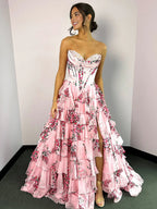 Haruko | A-Line Blush Strapless Chiffon Floral Ruffled Prom Dress With Slit