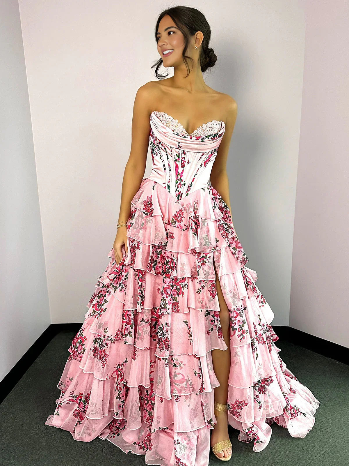 Haruko | A-Line Blush Strapless Chiffon Floral Ruffled Prom Dress With Slit