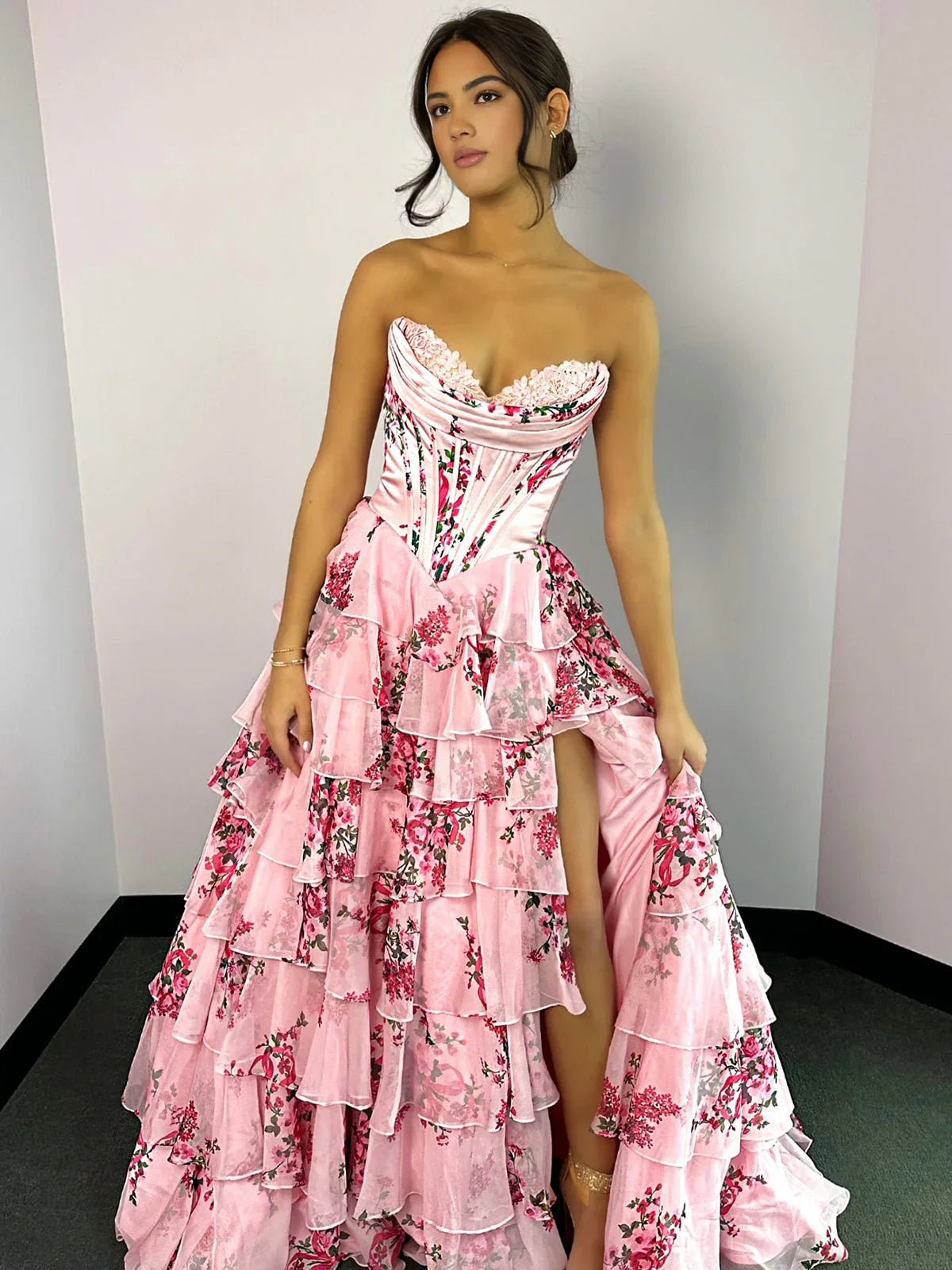 Haruko | A-Line Blush Strapless Chiffon Floral Ruffled Prom Dress With Slit