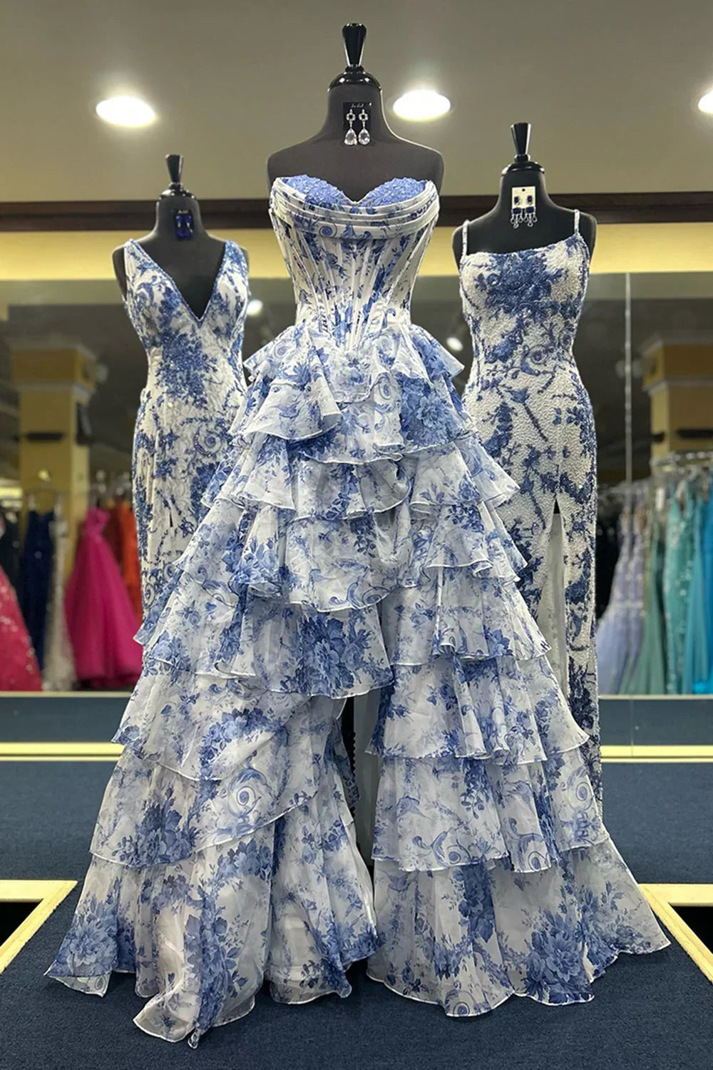 Haruko | A Line Floral Blush Tiered Chiffon Long Corset Prom Dress with Slit