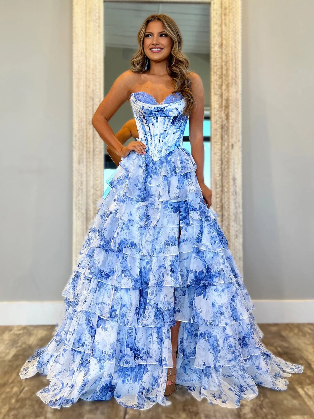 Haruko | A-Line Blush Strapless Chiffon Floral Ruffled Prom Dress With Slit
