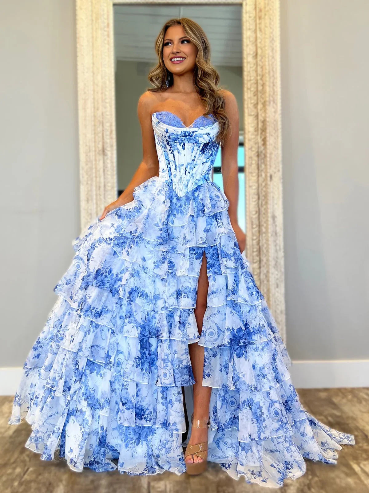 Haruko | A-Line Blush Strapless Chiffon Floral Ruffled Prom Dress With Slit