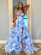 Haruko | A-Line Blush Strapless Chiffon Floral Ruffled Prom Dress With Slit
