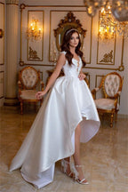 High Low V-neck Satin Lace White Wedding Dress