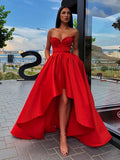 High Low A-line Sweetheart Red Formal Prom Dresses with Pockets