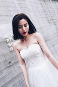 High Low Sweet Heart Tulle Beading Wedding Dresses With Court Train