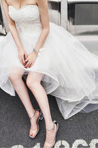High Low Sweet Heart Tulle Beading Wedding Dresses With Court Train