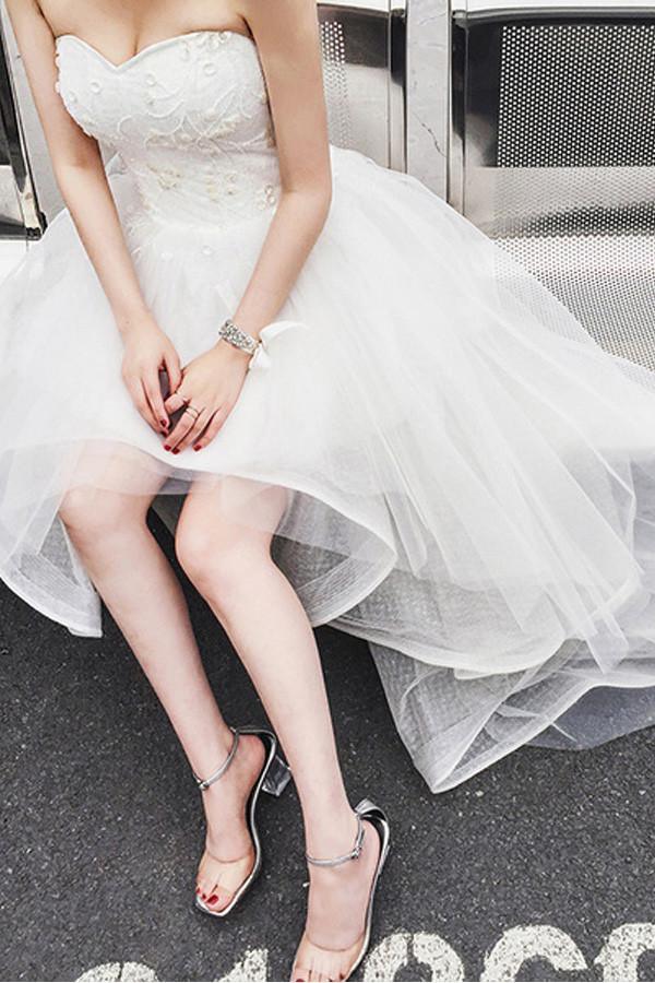 High Low Sweet Heart Tulle Beading Wedding Dresses With Court Train