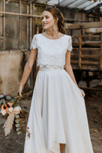 High Low Two Piece Satin Lace Wedding Dress with Sleeves