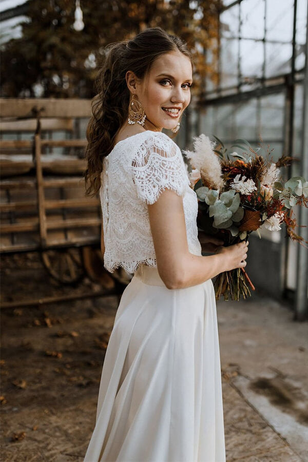 High Low Two Piece Satin Lace Wedding Dress with Sleeves