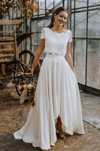 High Low Two Piece Satin Lace Wedding Dress with Sleeves