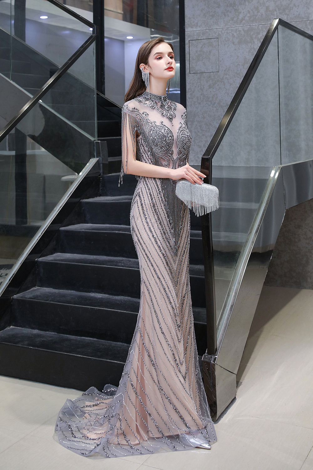 High Neck Cap sleeves Sparkle Beads Long Prom Dresses