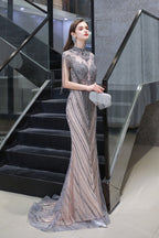 High Neck Cap sleeves Sparkle Beads Long Prom Dresses