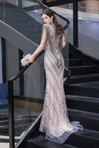 High Neck Cap sleeves Sparkle Beads Long Prom Dresses