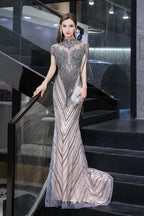 High Neck Cap sleeves Sparkle Beads Long Prom Dresses