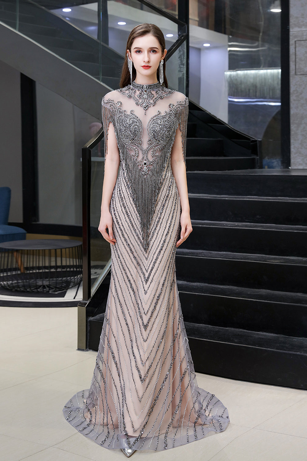High Neck Cap sleeves Sparkle Beads Long Prom Dresses